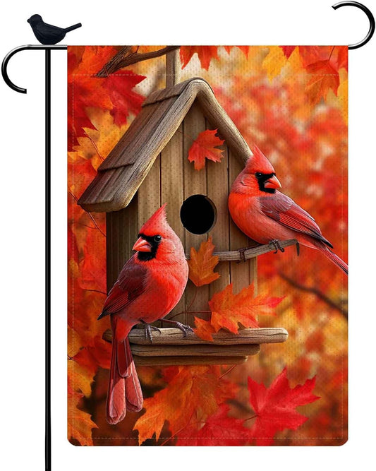 Cardinal Red Birds Fall Garden Flag 12.5 x 18 Inch, Fall Thanksgiving Day Holiday Home Decorative, Fall Maple Leaves Yard Lawn Birdhouse Outside Decor Gift for Cardinal Red Birds Believer