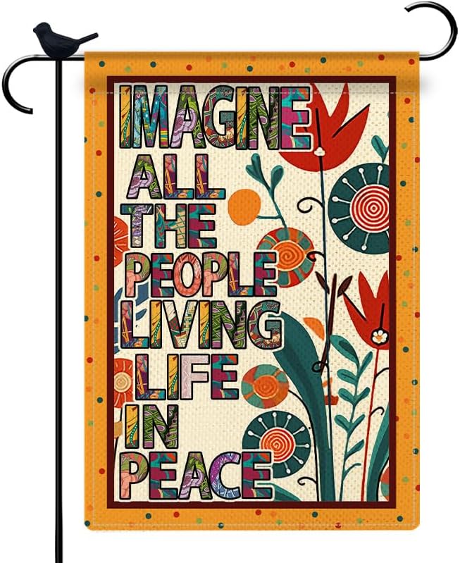 Hippie Funny Flag Imagine All The People Living Life In Peace Garden Flag Spring Summer Inspirational Burlap Yard Outside Decorations Peace Sign for Patio Lawn Home Outdoor Decor 12.5x18 In