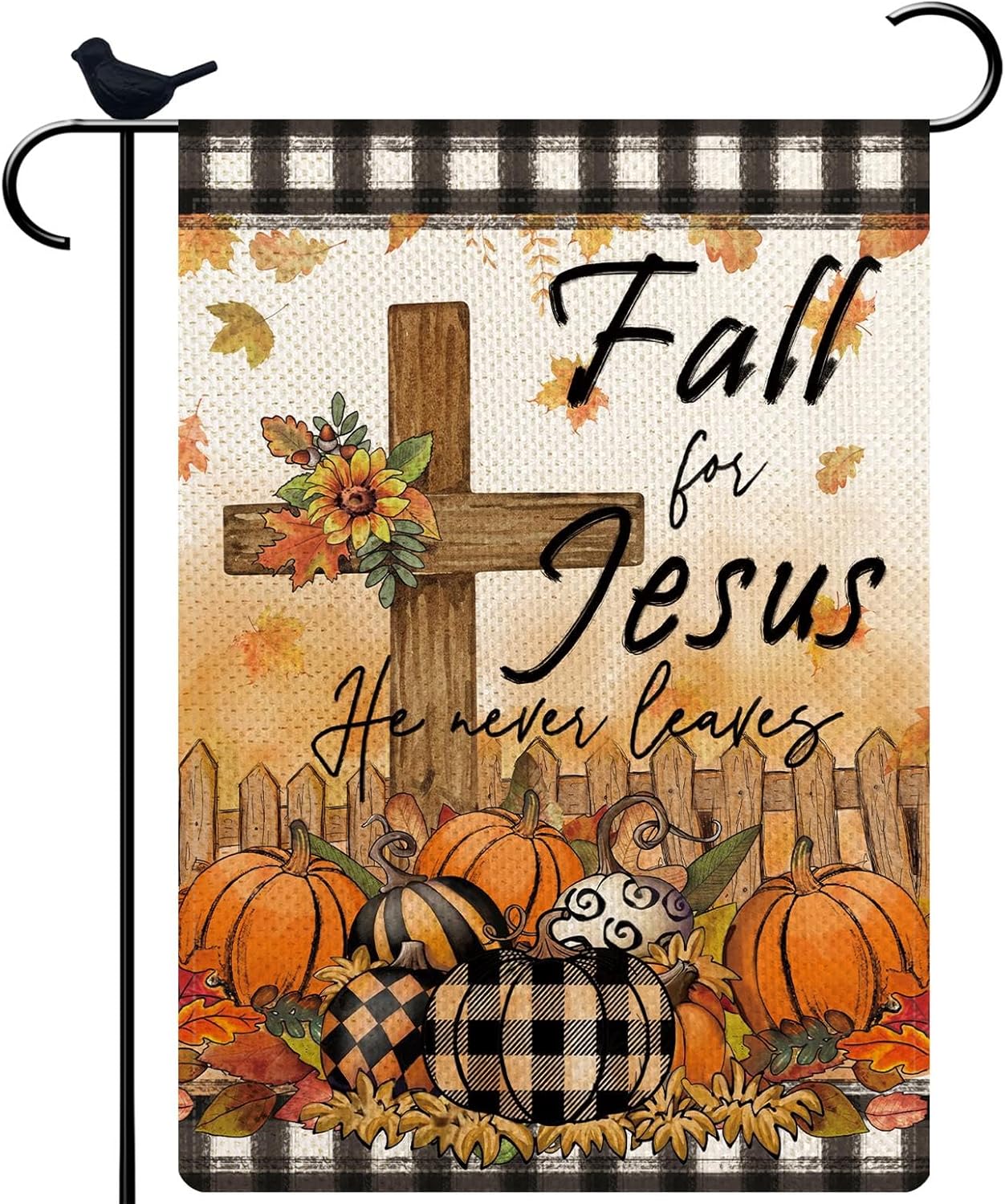 Fall For Jesus Garden Flag He Never Leaves Cross Pumpkins Maple Leaves for Outside Party Fall Thanksgiving Holiday Farmhouse Decoration 12.5 x 18 Inch