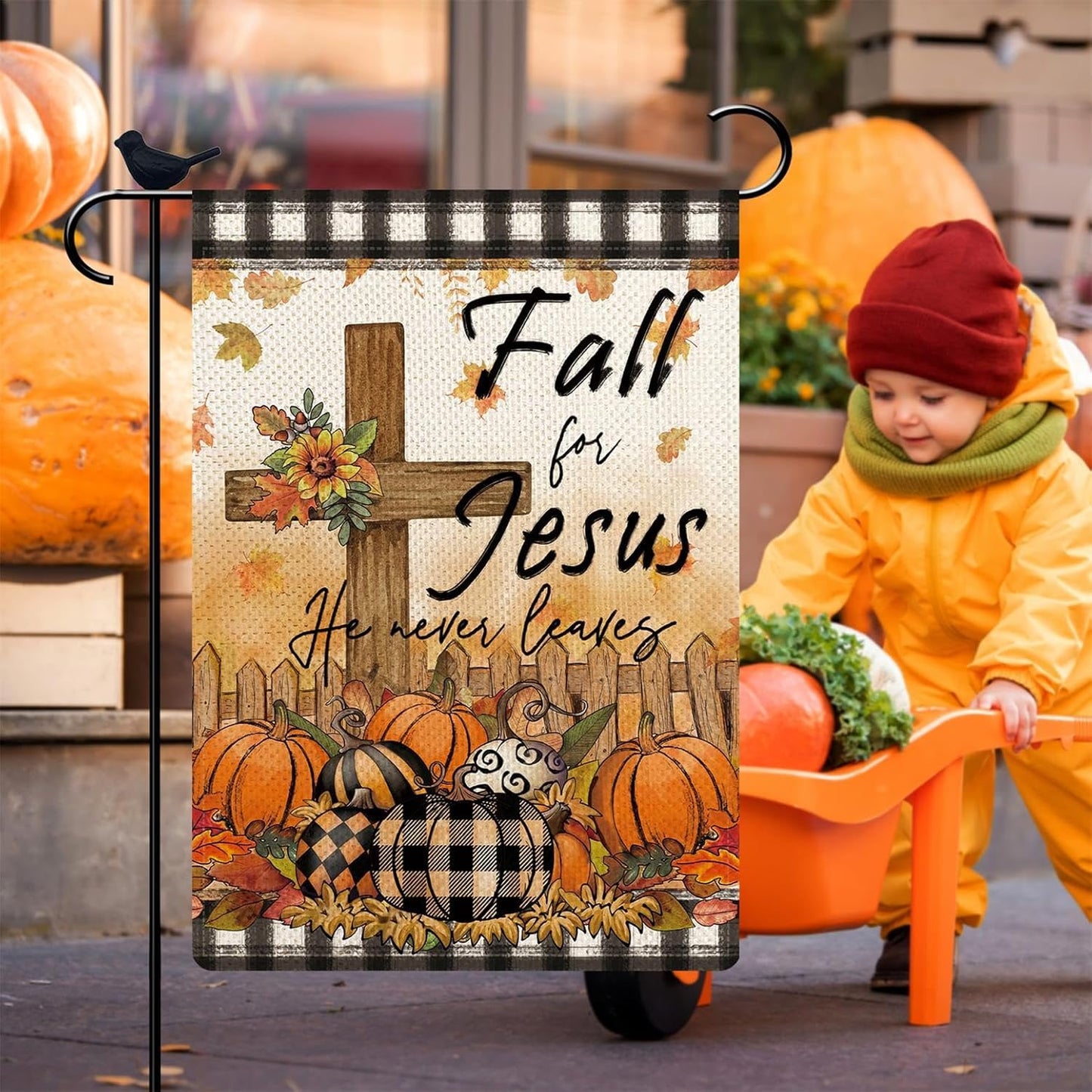 Fall For Jesus Garden Flag He Never Leaves Cross Pumpkins Maple Leaves for Outside Party Fall Thanksgiving Holiday Farmhouse Decoration 12.5 x 18 Inch