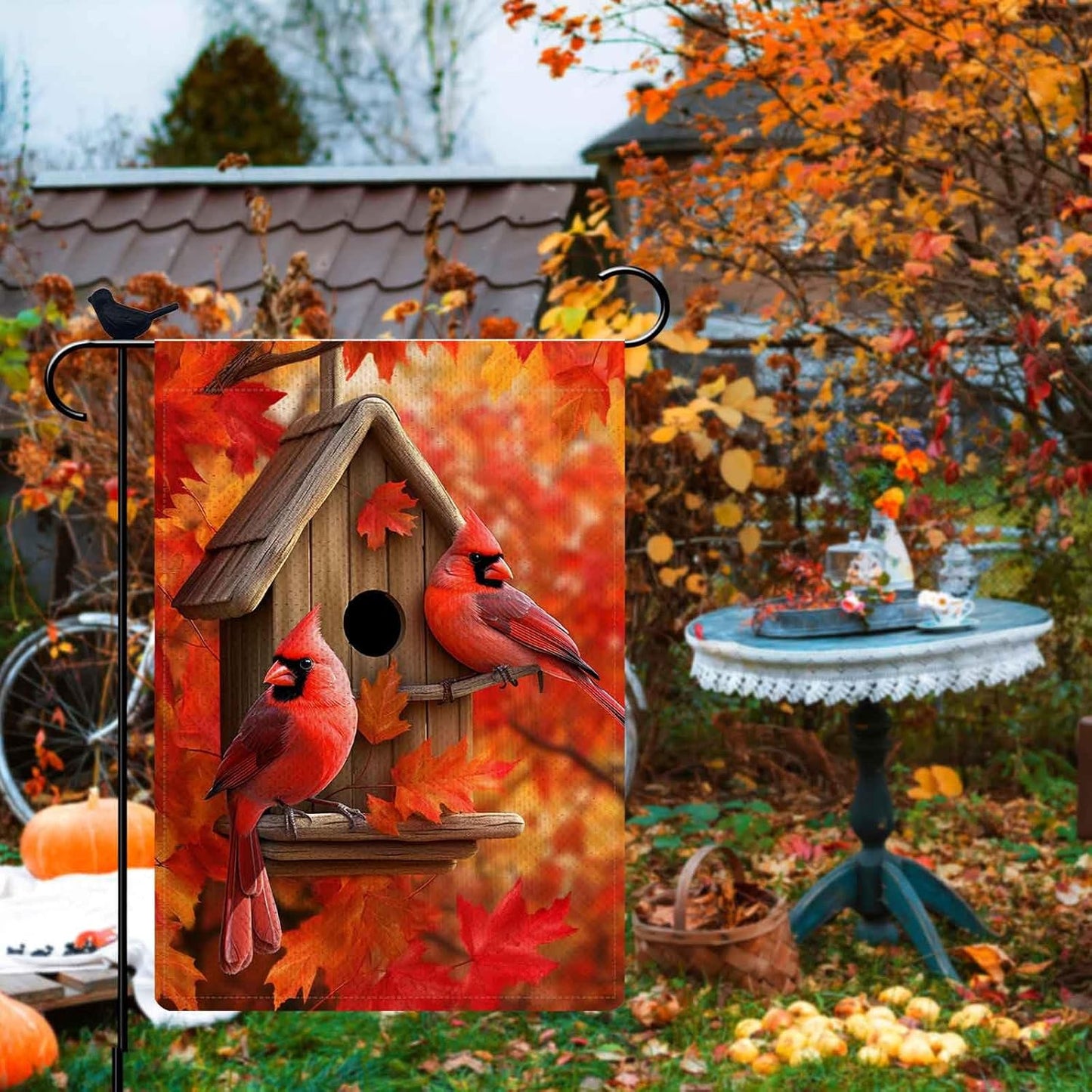 Cardinal Red Birds Fall Garden Flag 12.5 x 18 Inch, Fall Thanksgiving Day Holiday Home Decorative, Fall Maple Leaves Yard Lawn Birdhouse Outside Decor Gift for Cardinal Red Birds Believer