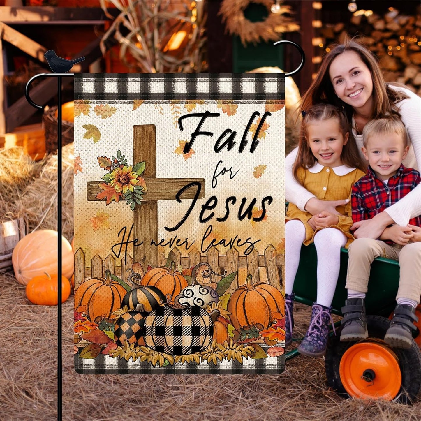 Fall For Jesus Garden Flag He Never Leaves Cross Pumpkins Maple Leaves for Outside Party Fall Thanksgiving Holiday Farmhouse Decoration 12.5 x 18 Inch