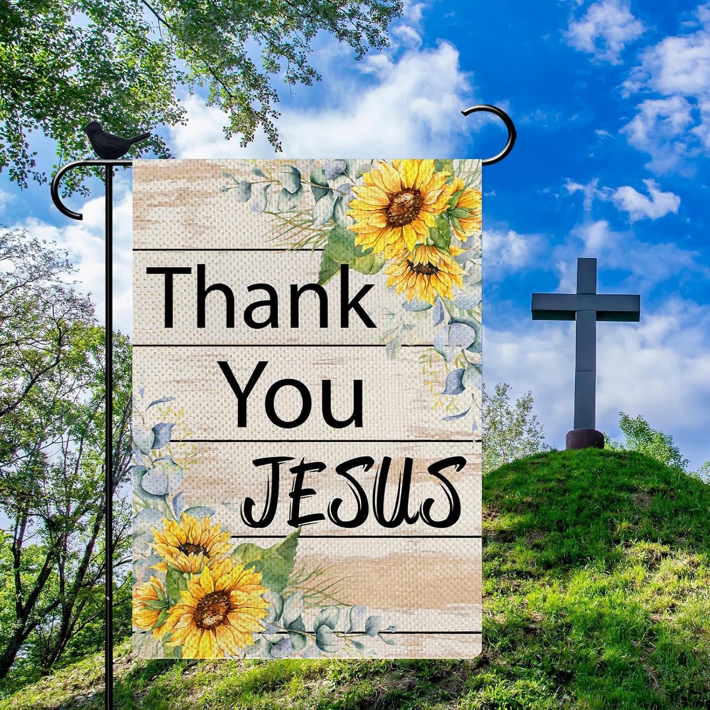 Thank You Jesus Small Garden Flag Summer Sunflowers Garden Flag Christian Burlap Yard Decoration Double Sided Garden Flag 12.5 x 18 Inch