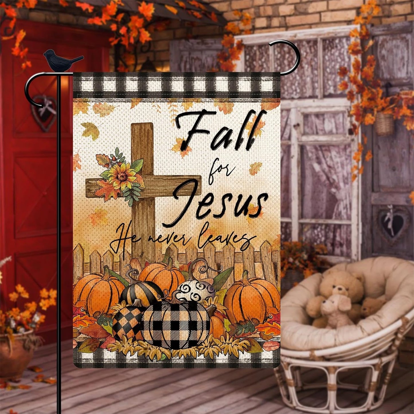 Fall For Jesus Garden Flag He Never Leaves Cross Pumpkins Maple Leaves for Outside Party Fall Thanksgiving Holiday Farmhouse Decoration 12.5 x 18 Inch