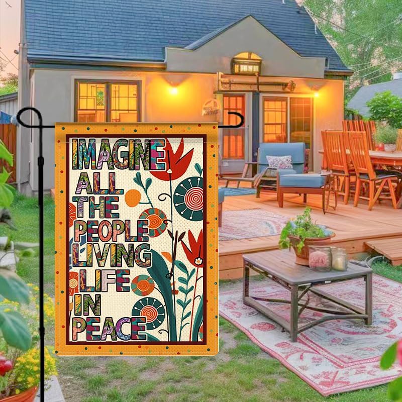 Hippie Funny Flag Imagine All The People Living Life In Peace Garden Flag Spring Summer Inspirational Burlap Yard Outside Decorations Peace Sign for Patio Lawn Home Outdoor Decor 12.5x18 In