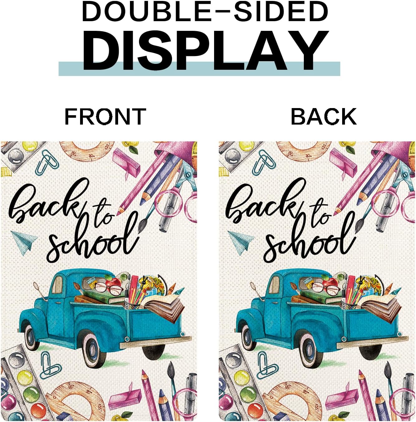 Back to School Small Garden Flag 12.5 x 18 Inch Double Sided Vertical Burlap School Supplies Truck Floral Yard Flags Spring Summer Yard Flags for Seasonal Outside Outdoor Decoration