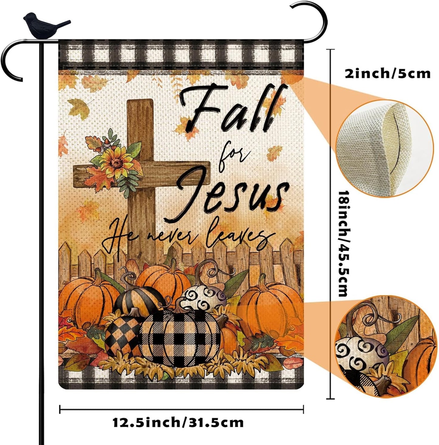 Fall For Jesus Garden Flag He Never Leaves Cross Pumpkins Maple Leaves for Outside Party Fall Thanksgiving Holiday Farmhouse Decoration 12.5 x 18 Inch