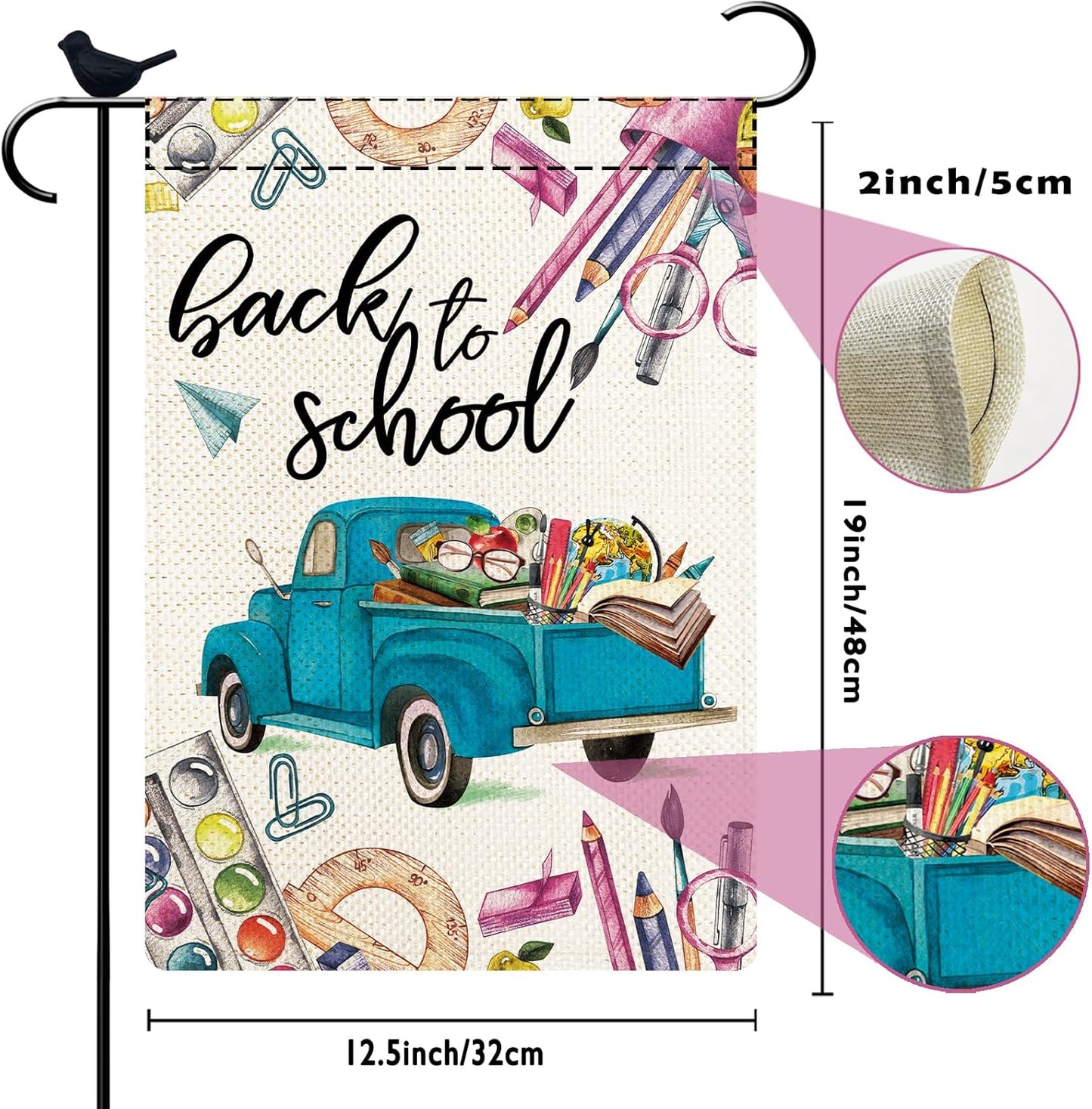 Back to School Small Garden Flag 12.5 x 18 Inch Double Sided Vertical Burlap School Supplies Truck Floral Yard Flags Spring Summer Yard Flags for Seasonal Outside Outdoor Decoration