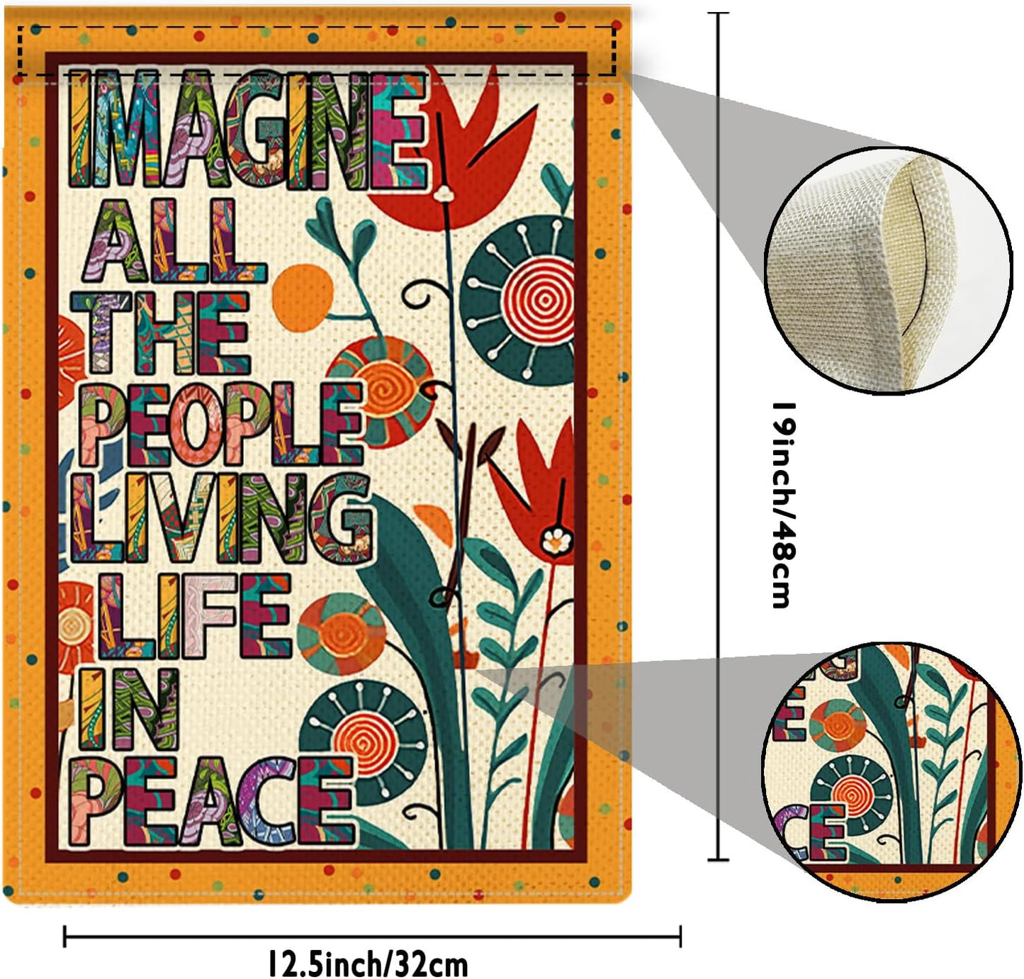 Hippie Funny Flag Imagine All The People Living Life In Peace Garden Flag Spring Summer Inspirational Burlap Yard Outside Decorations Peace Sign for Patio Lawn Home Outdoor Decor 12.5x18 In